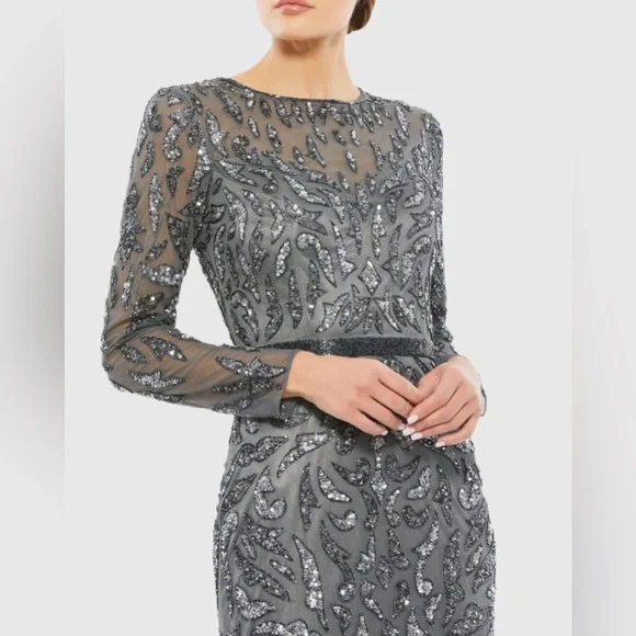 Mac Duggal - Dark Gray Beaded Long Sleeve Evening Gown - Picture 3 of 8